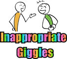 Two stick figures laughing above the words Inappropriate Giggles in sparkly rainbow text.